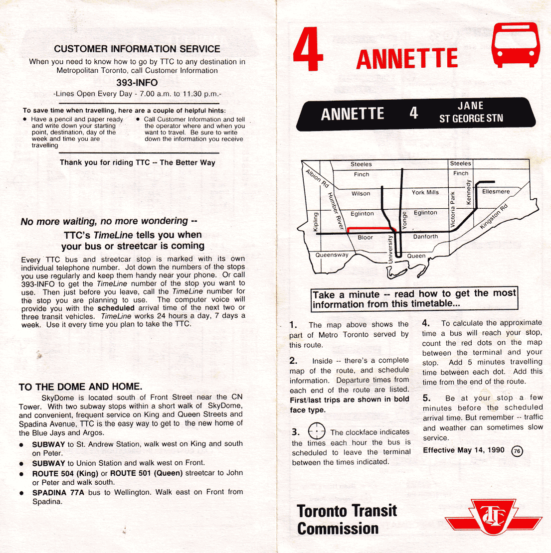 TTC Route 4 Annette Timetable page 1 1990