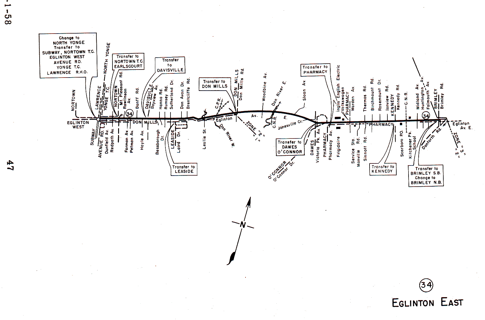TTC 0000 34 Eglinton East 1958 Map