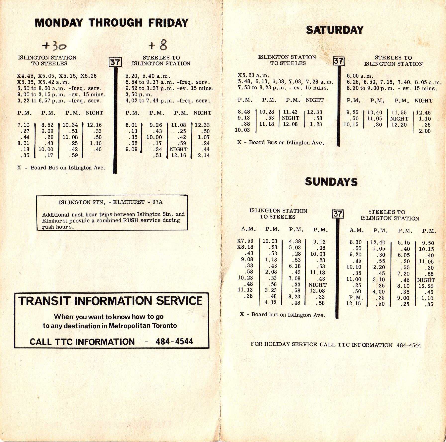 TTC Timetable Route 37 Islington Nov 24 1974 2